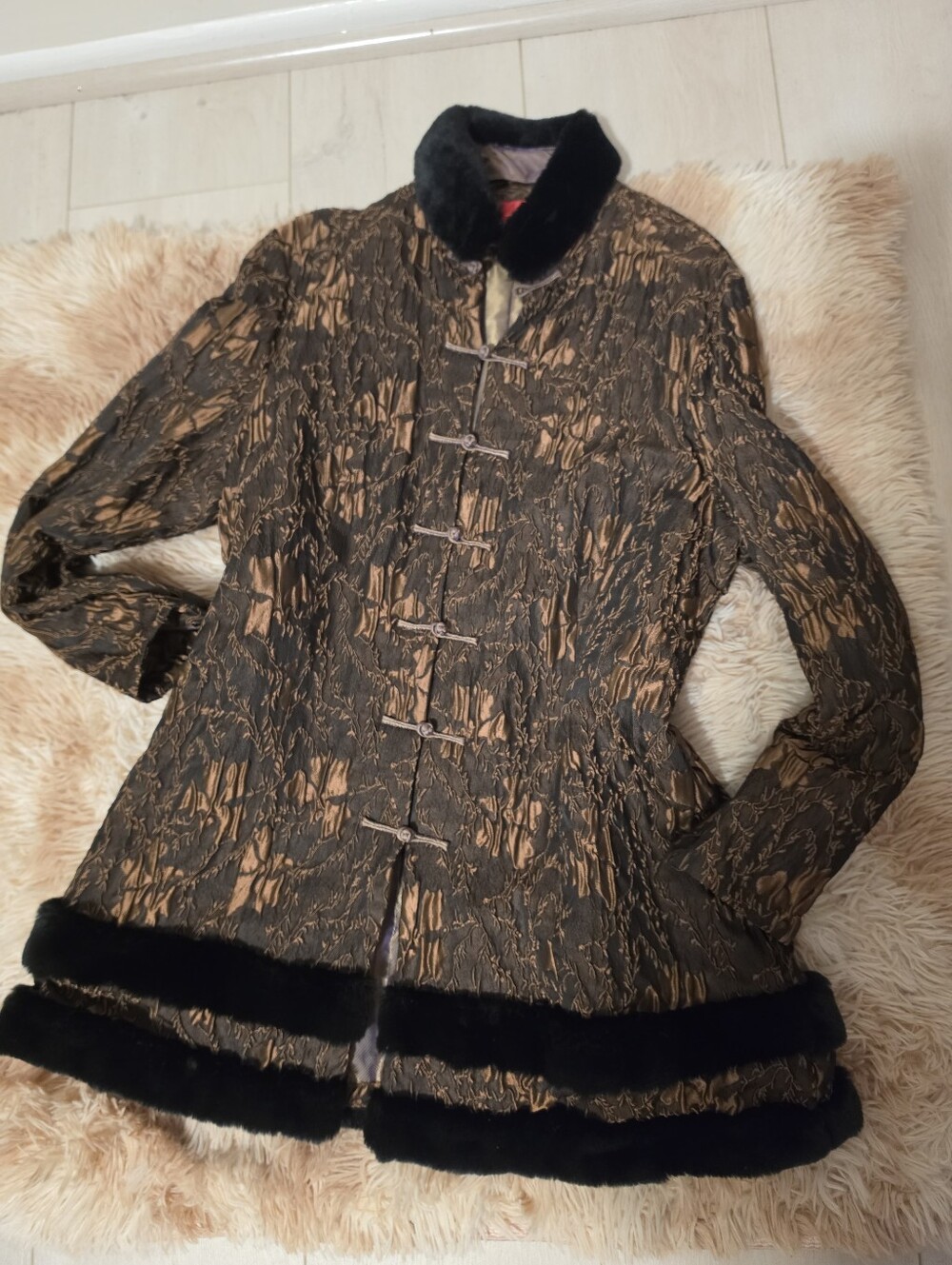 Artistic Palace Textured Tang Jacket Coat Faux Fur Trim Detachable Collar XXL